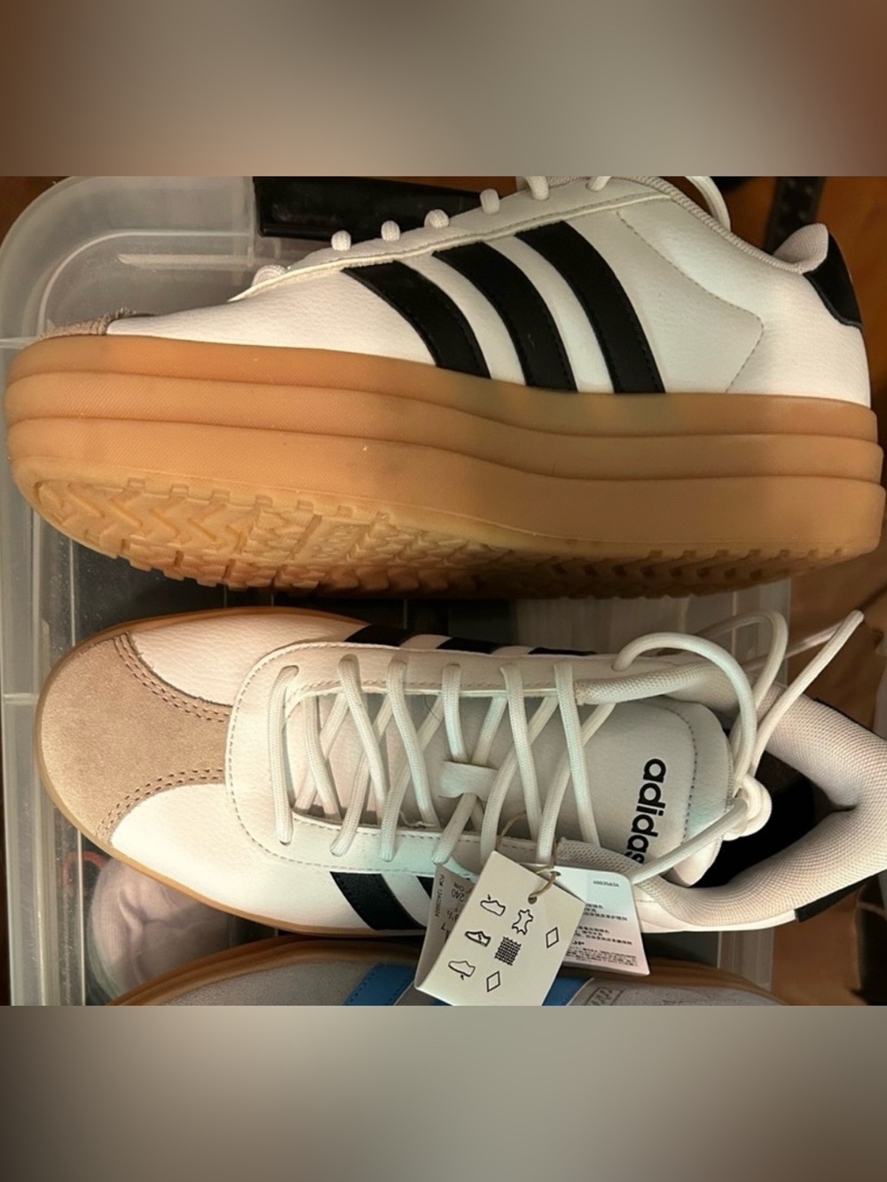 adidas Women’s White Sneakers with Black Stripes and Tan Accents